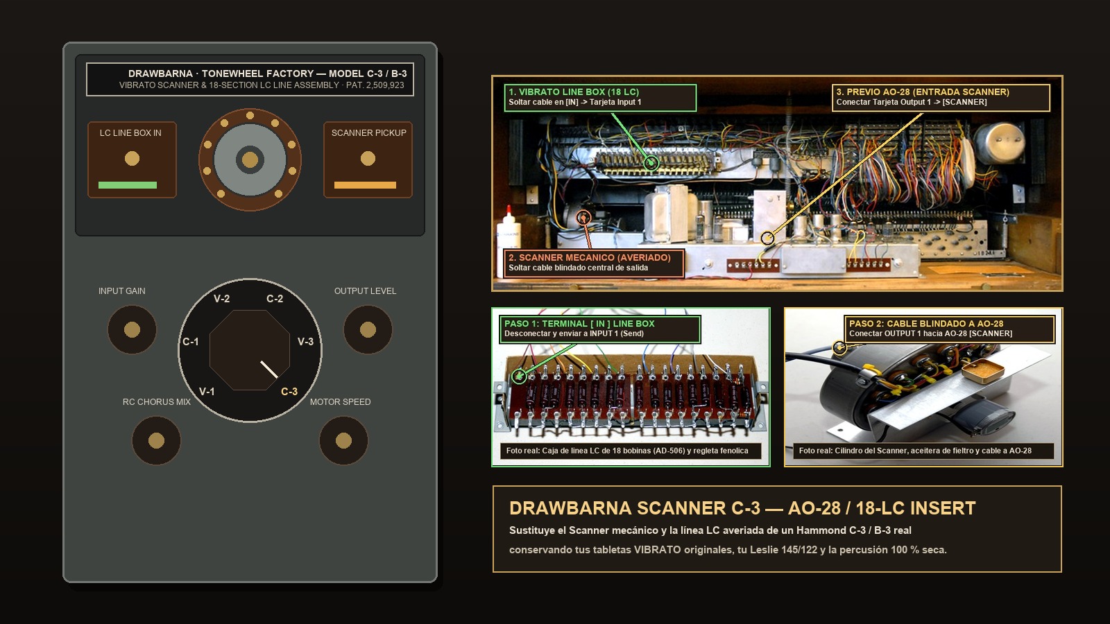 DrawBarna Scanner C-3 hardware unit and real Hammond C-3 internal wiring photos
