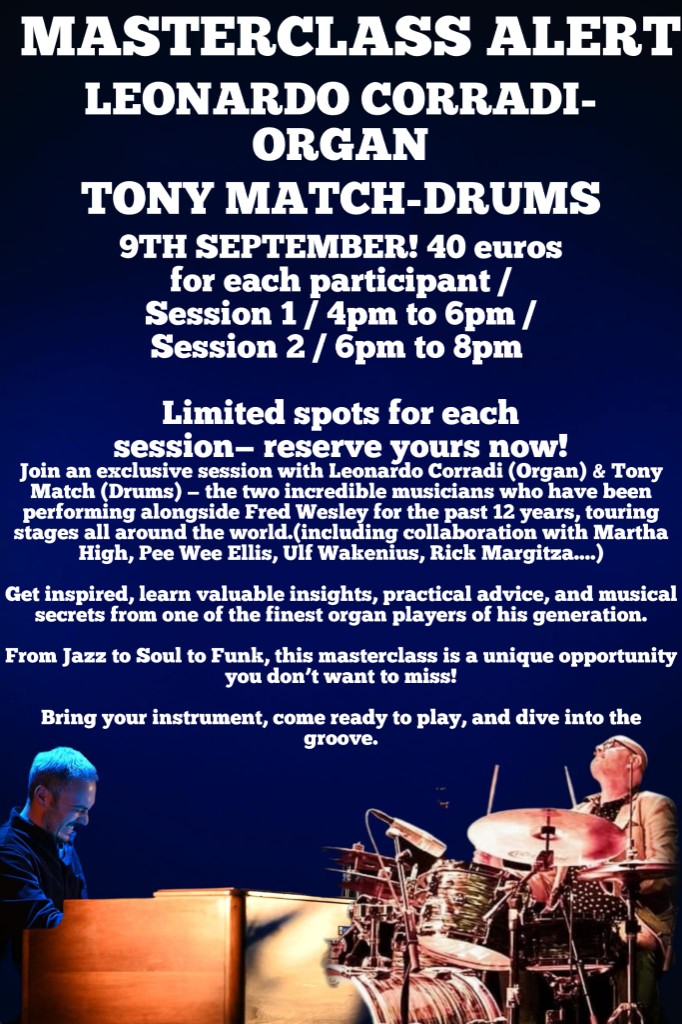 Flyer: Masterclass with Leonardo Corradi and Tony Match — 9 September 2026, 40 €, two sessions, Barcelona.