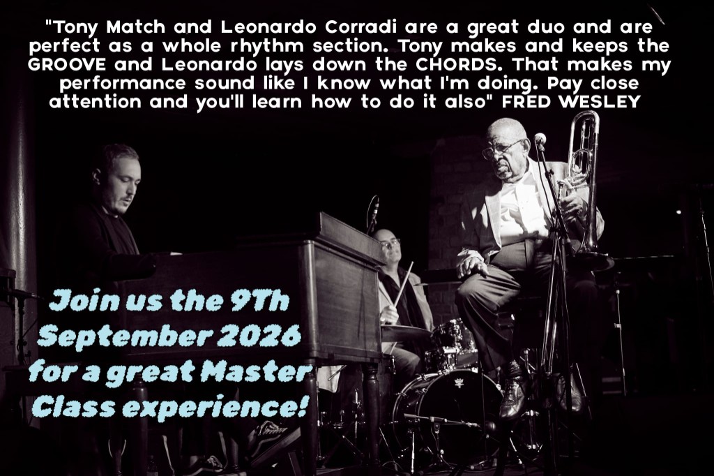 Black-and-white promotional photograph: Leonardo Corradi at Hammond organ, Tony Match on drums, and Fred Wesley with trombone — Fred Wesley trio context for the Barcelona masterclass.