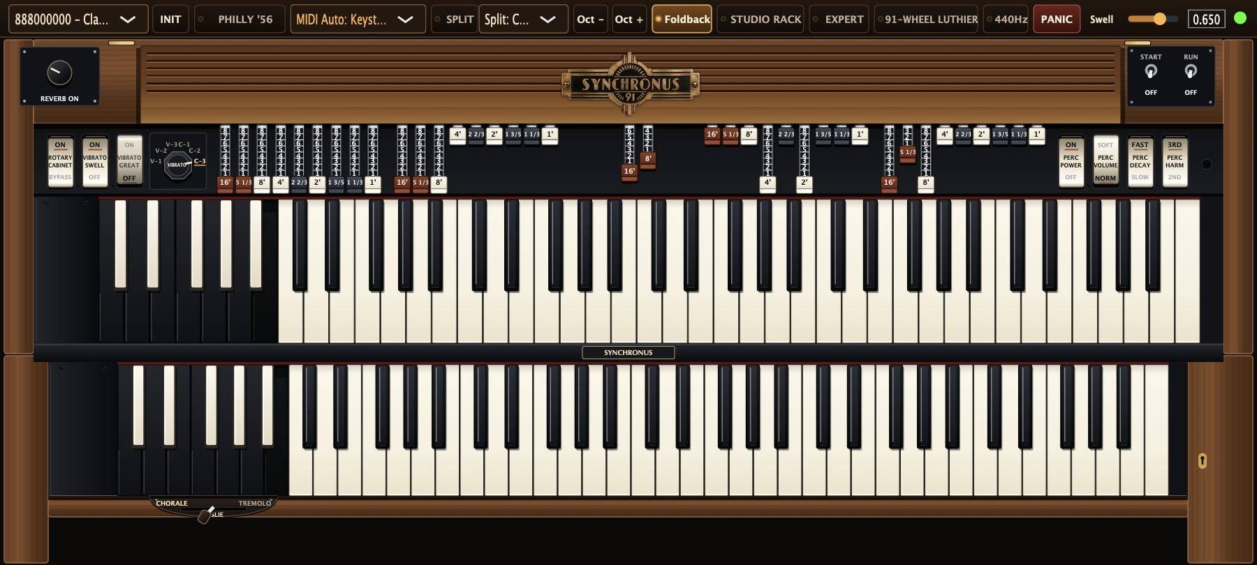 SYNCHRONUS 91 interface: two-manual tonewheel console with drawbars and walnut cabinet